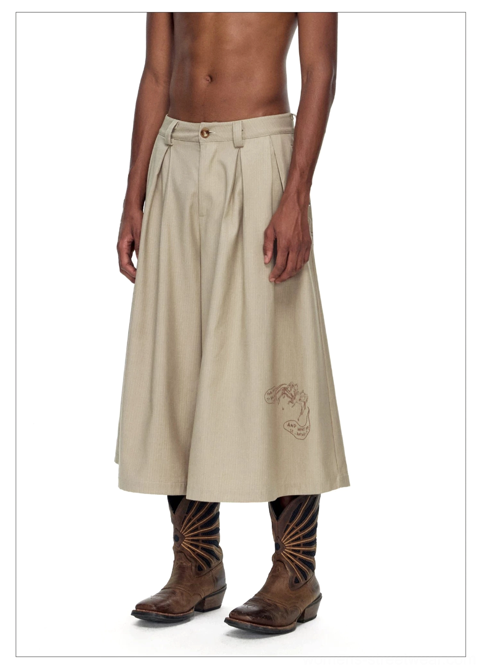 Khaki embroidered pleated cropped wide-leg streetwear trousers fabric and embroidery close-up