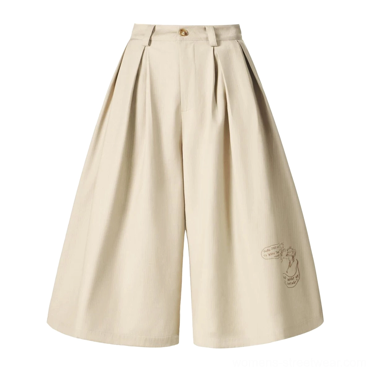 Flat lay of khaki embroidered pleated cropped wide-leg streetwear trousers with belt loops and front pleats