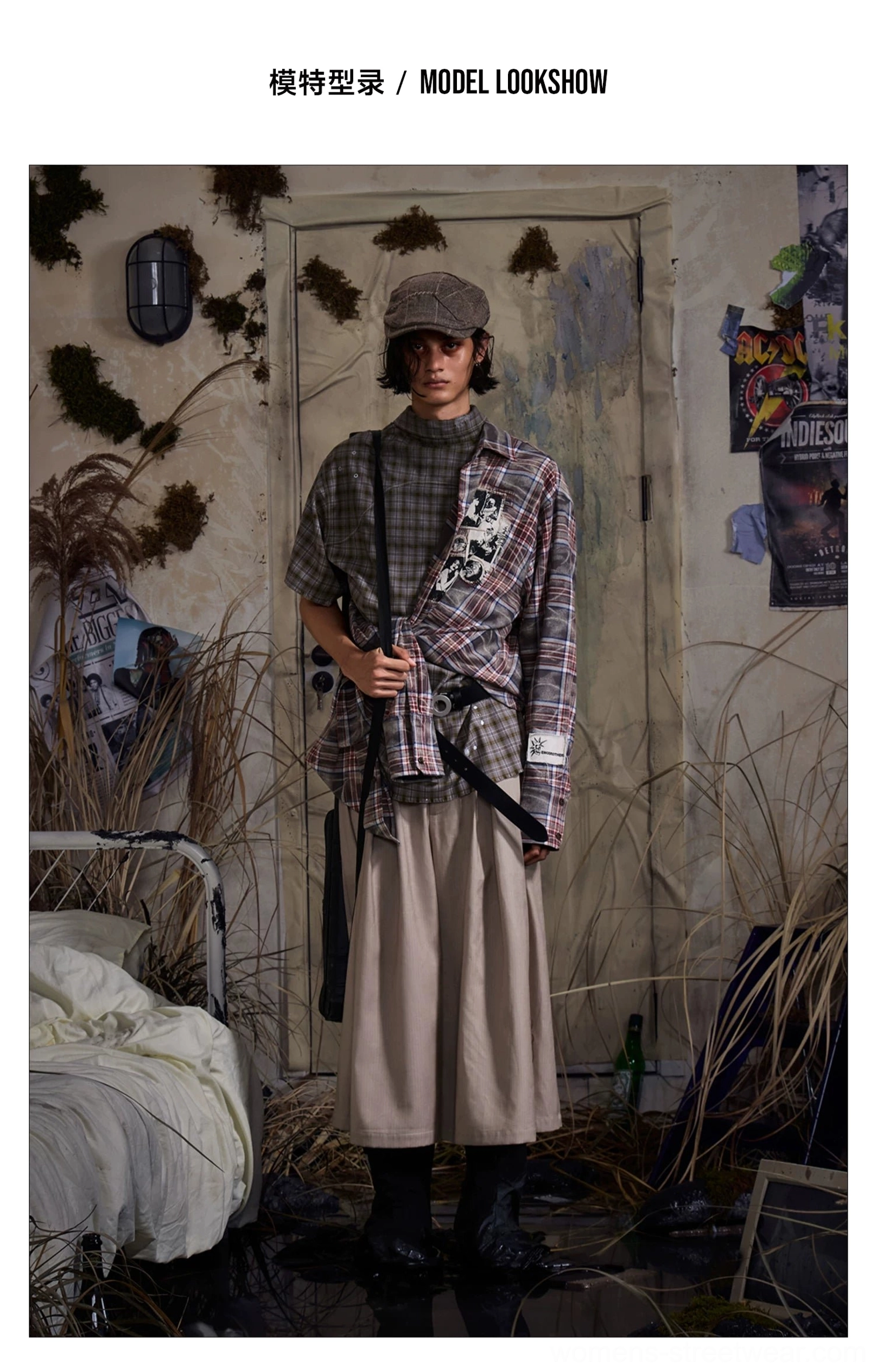 Full outfit styling with khaki pleated cropped wide-leg trousers in a retro-inspired streetwear look