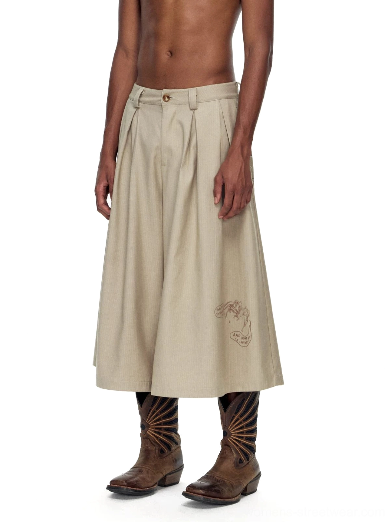 Front view of khaki pleated cropped wide-leg trousers with button waist and embroidered lower leg detail