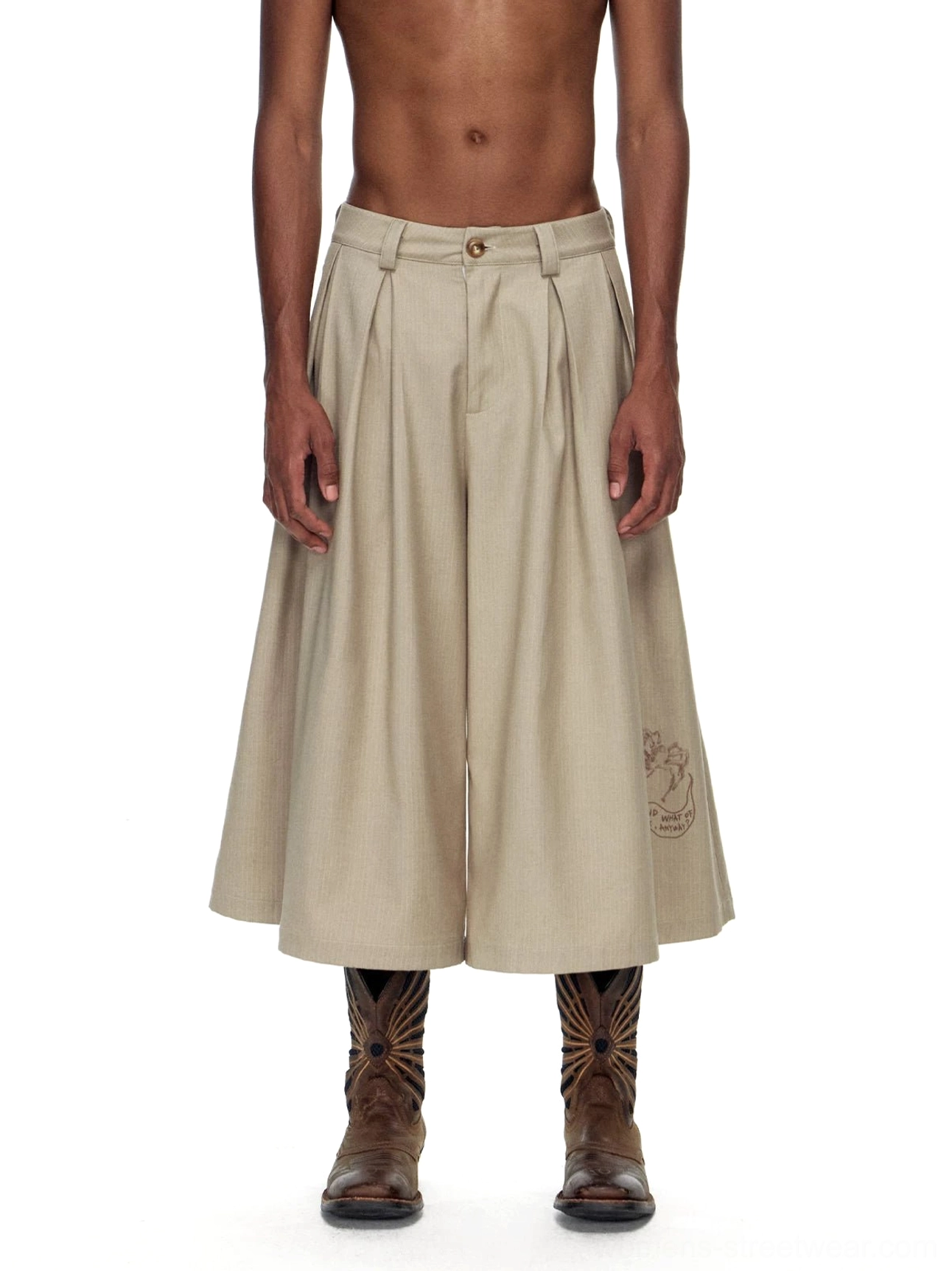 Khaki cropped wide-leg streetwear trousers showing relaxed pleated silhouette and ankle-length cut
