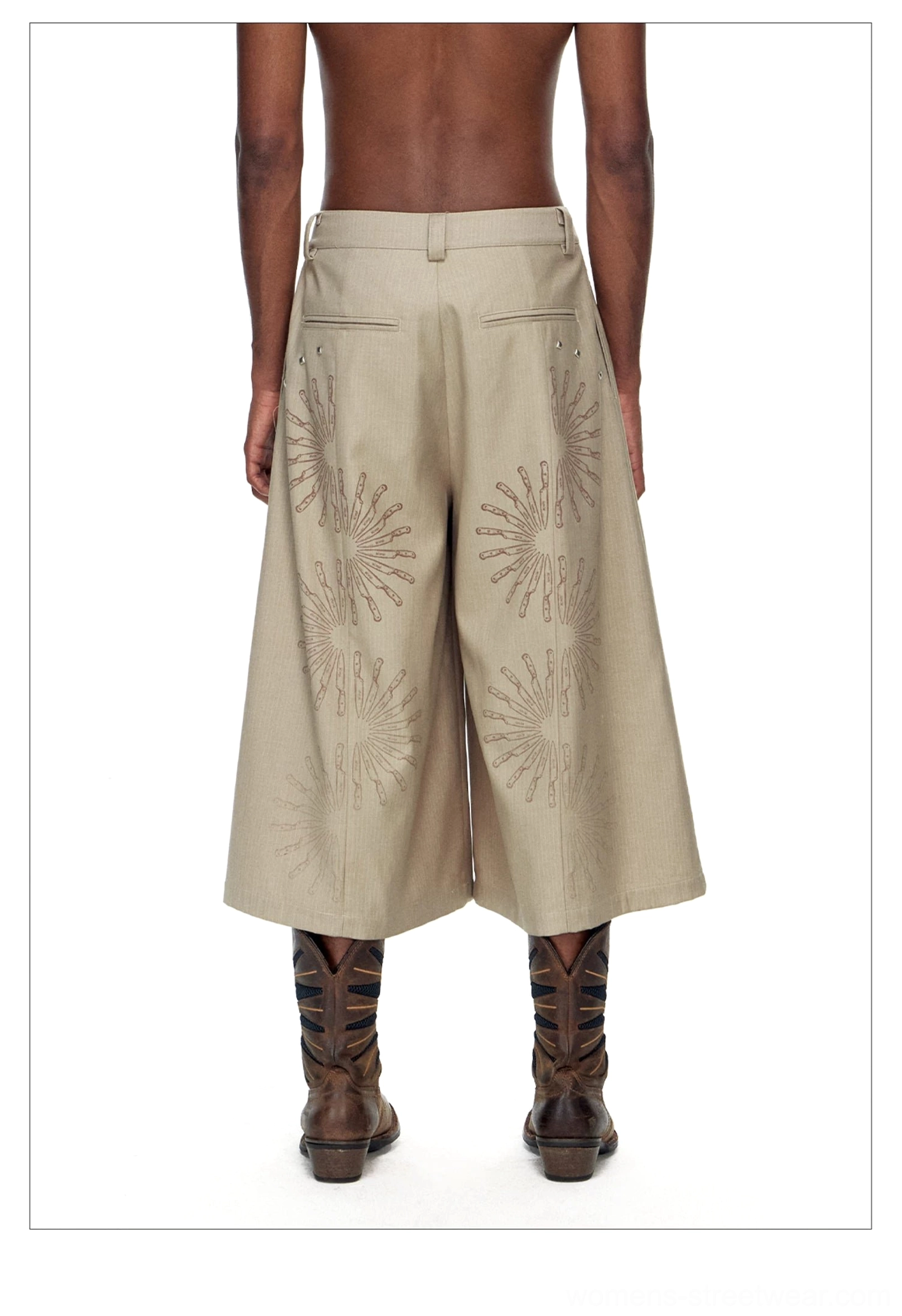 Khaki embroidered pleated cropped wide-leg streetwear trousers side profile product view