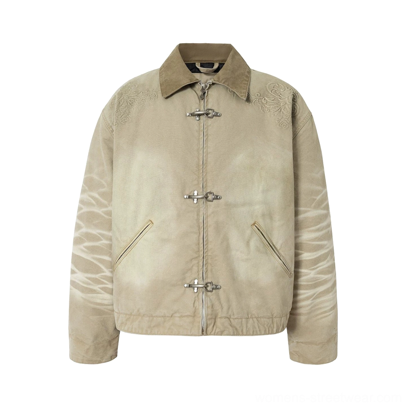 Khaki embroidered toggle front jacket product image for contemporary Korean streetwear and vintage workwear outfits
