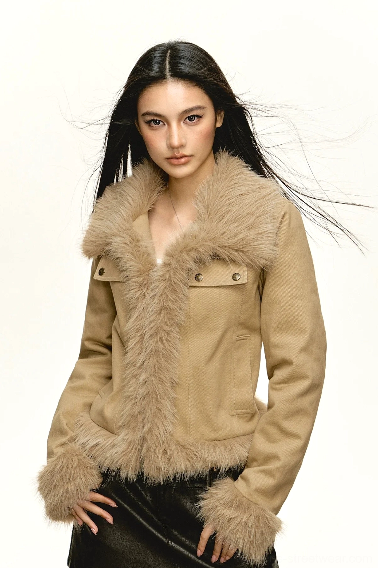 Back three-quarter view of khaki faux fur trim cropped streetwear jacket with plush cuff details