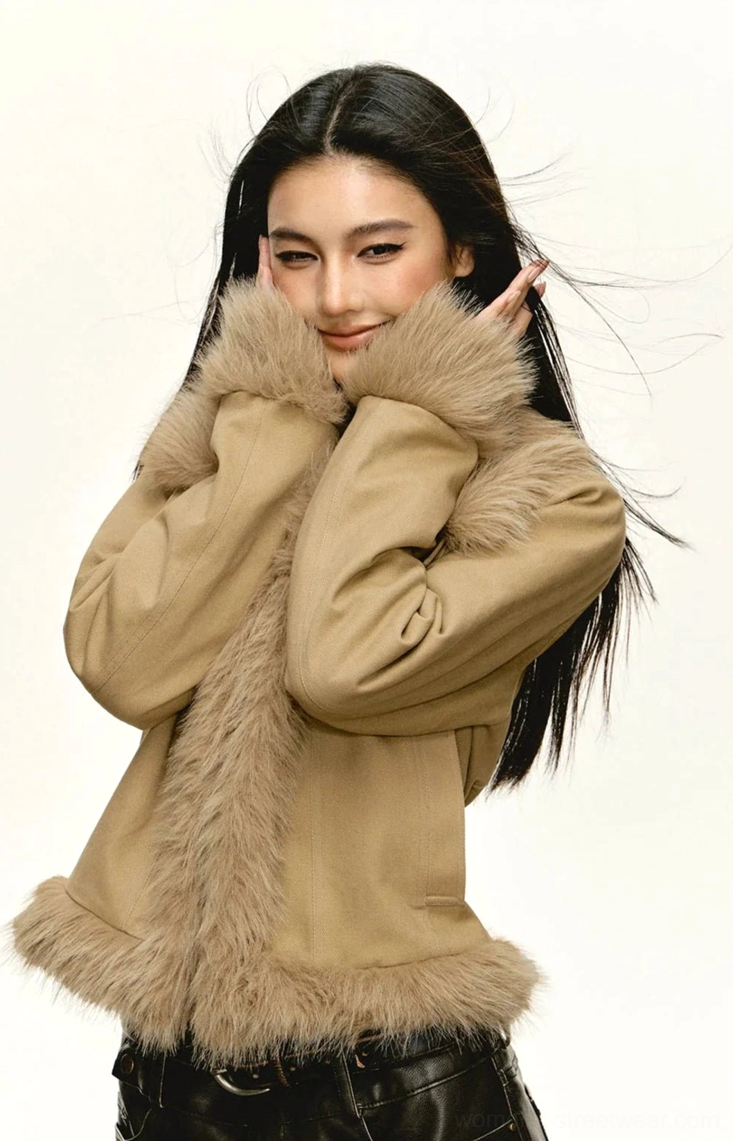 Khaki faux fur trim cropped jacket back view showing plush hem and cuff detailing