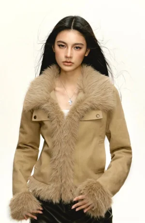 Khaki faux fur trim cropped jacket front view with oversized collar and chest flap pockets