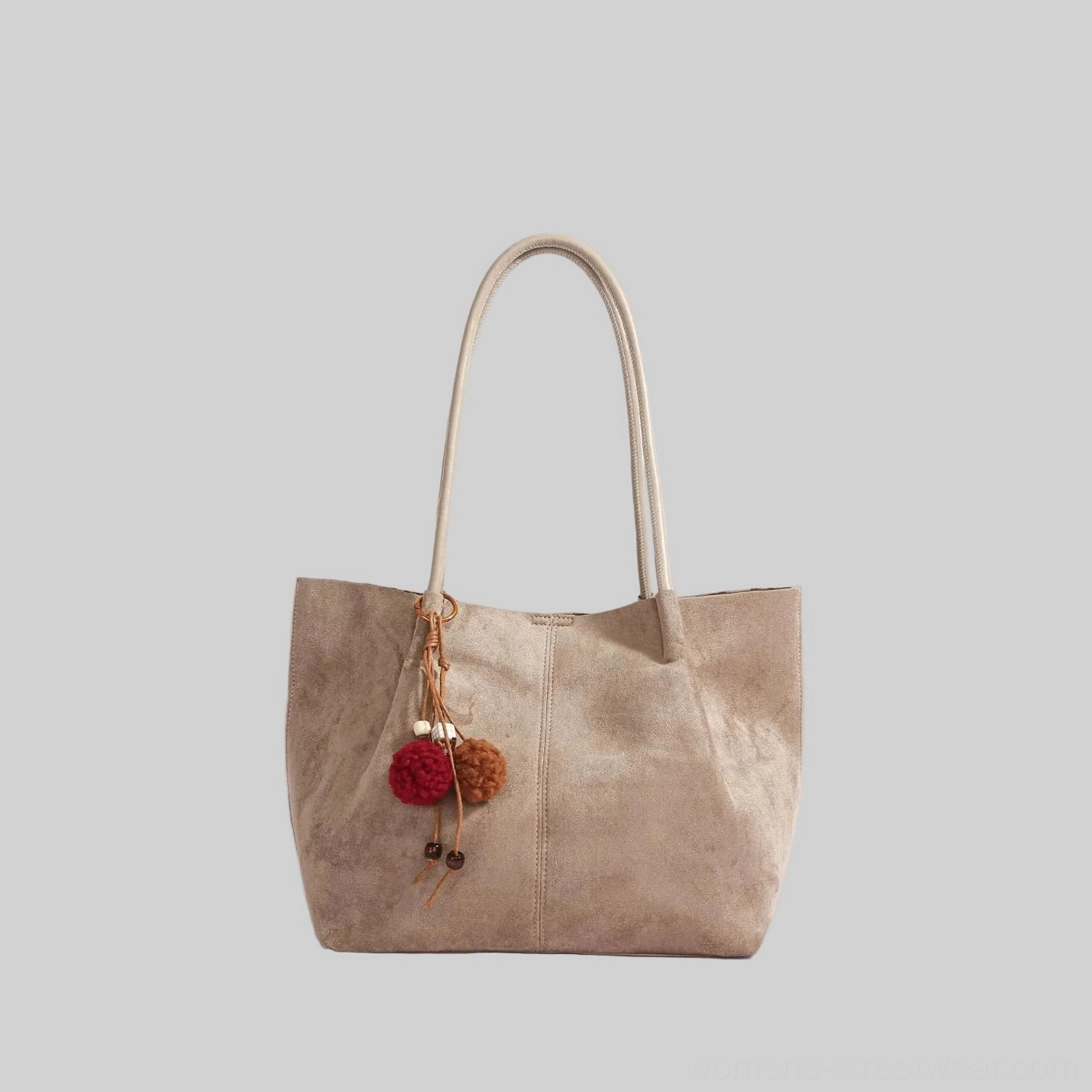 Khaki faux suede pom charm tote bag with long shoulder straps and minimalist Korean casual fashion design