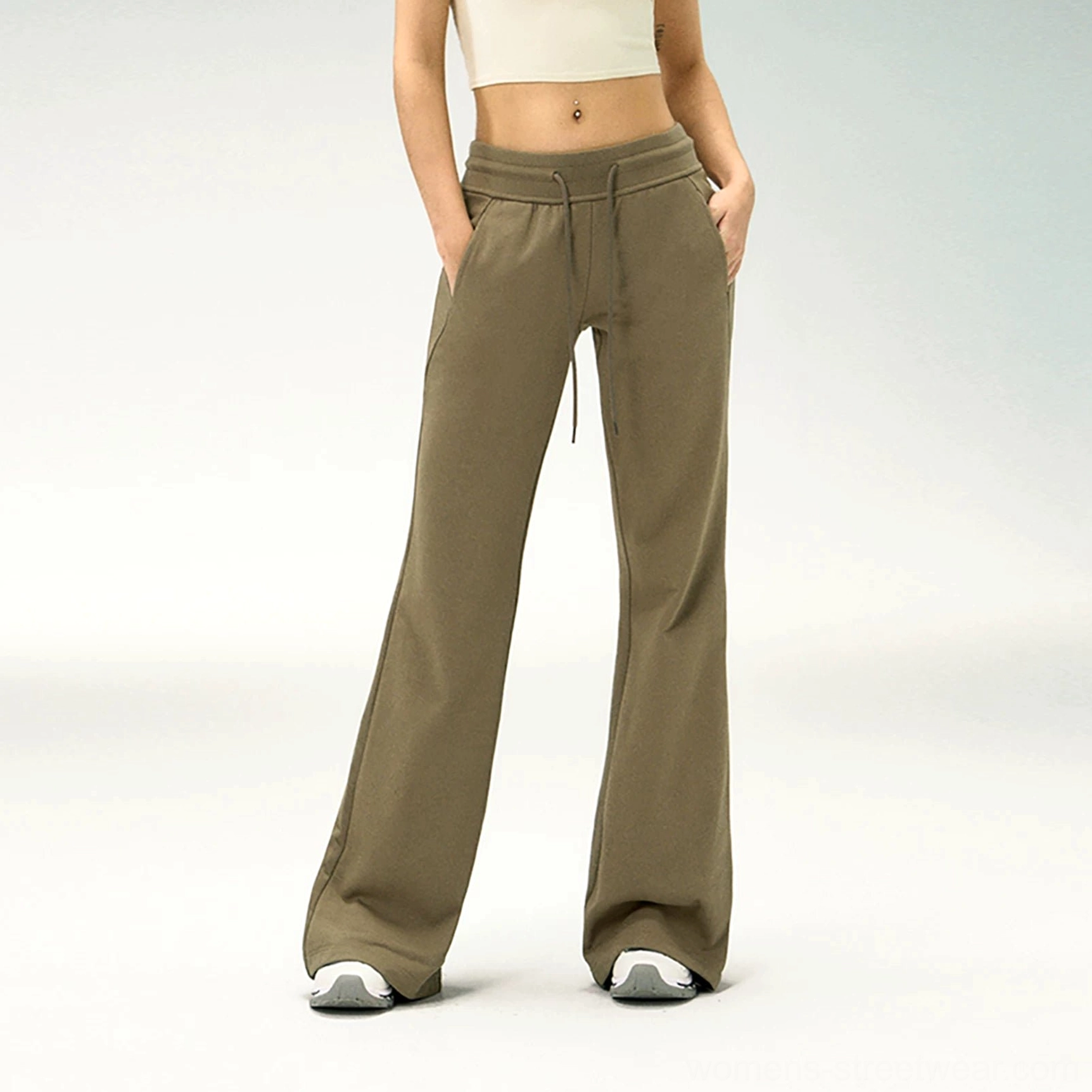 Front view of army khaki flared streetwear sweatpants with drawstring waistband, soft knit texture, slim fit, and wide flared legs