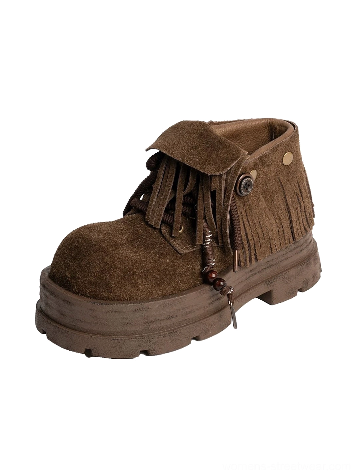 Front three quarter view of khaki fringed suede cuff platform ankle boots with beaded laces, tassel details, chunky lug sole, and elevated streetwear silhouette