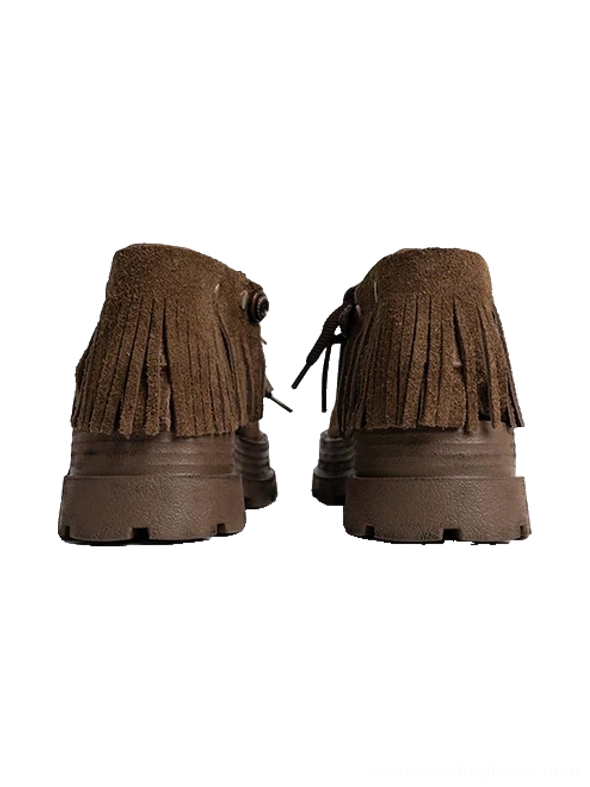 Rear view of khaki fringed suede platform ankle boots with full side tassel decoration, metal fasteners, and thick non-slip lug soles