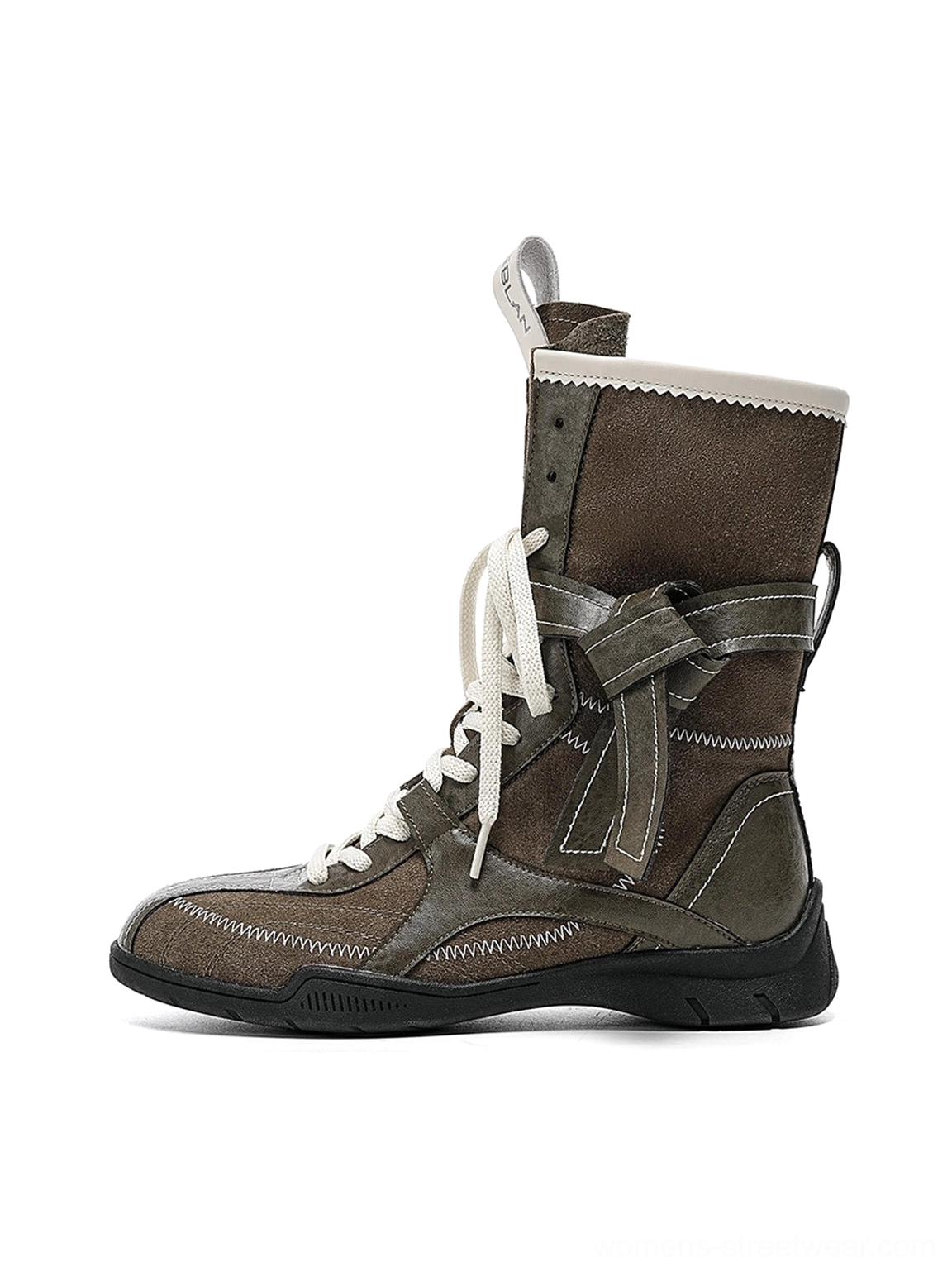 Gray brown khaki asymmetric foldover lace-up mid-calf utility boots with mixed suede leather panels shown in side profile