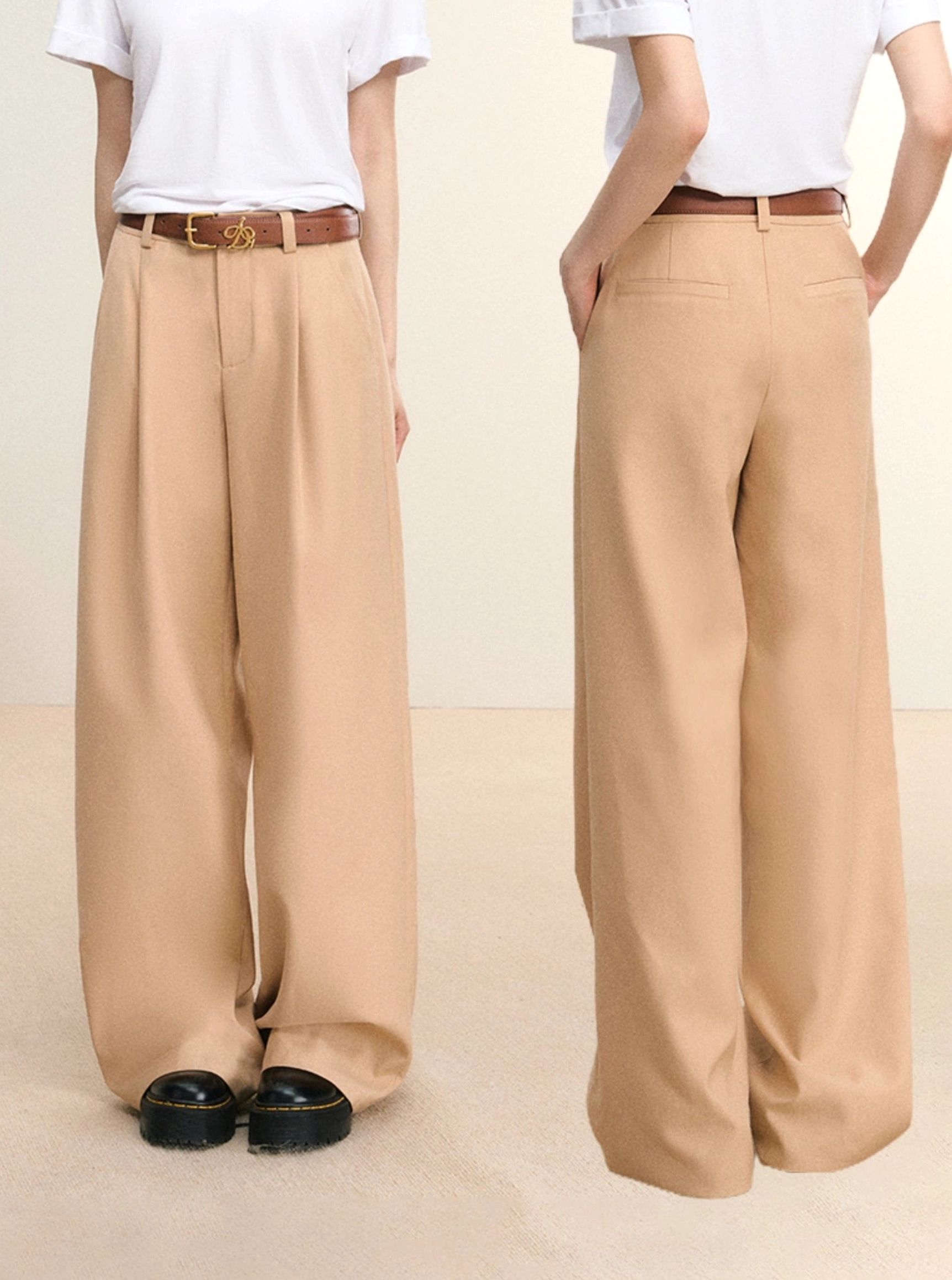 Khaki high-waist wide-leg trousers showing the complete front and back silhouette with a white top and leather belt