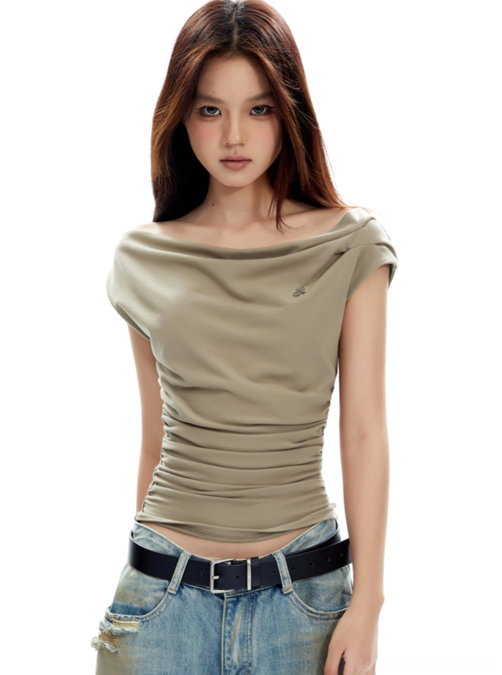 Khaki Korean streetwear off-shoulder ruched top with draped neckline and slim waist styling shown with denim jeans