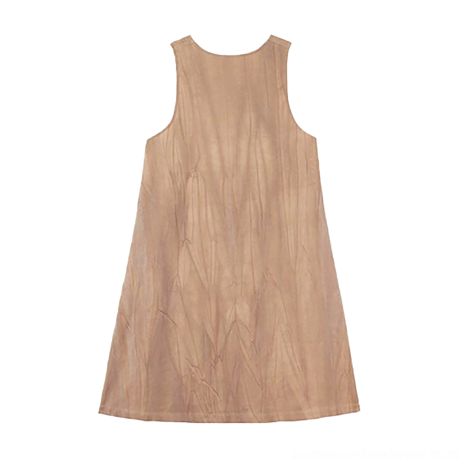 Flat lay back view of khaki sleeveless linen maxi dress with long fluid layered silhouette