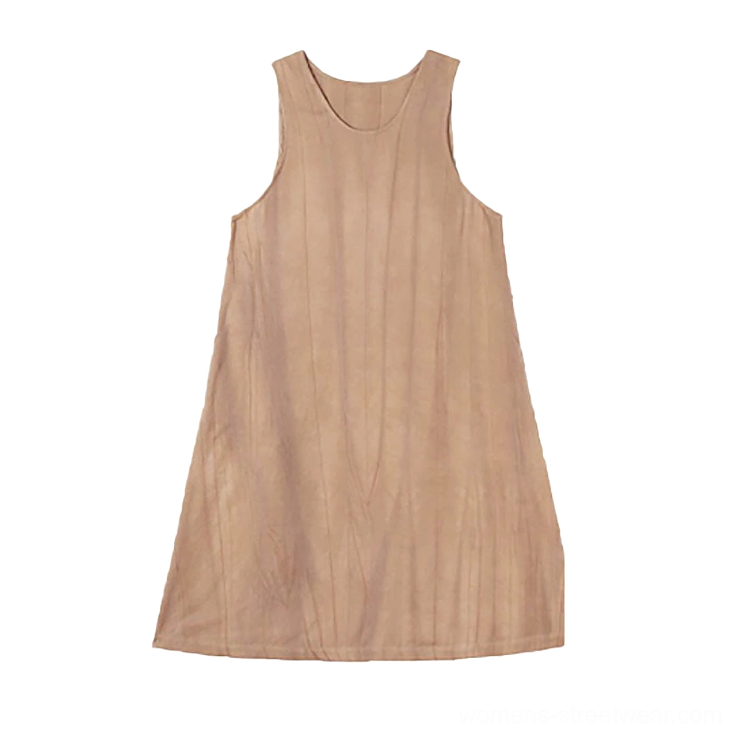 Flat lay front view of khaki sleeveless layered linen maxi dress with crew neck and loose A-line shape