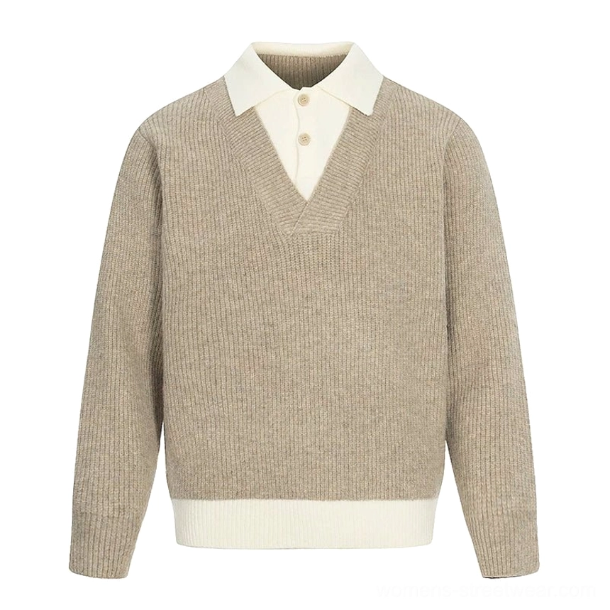 Khaki layered polo collar knit sweater flat lay with off-white contrast collar button placket and double hem