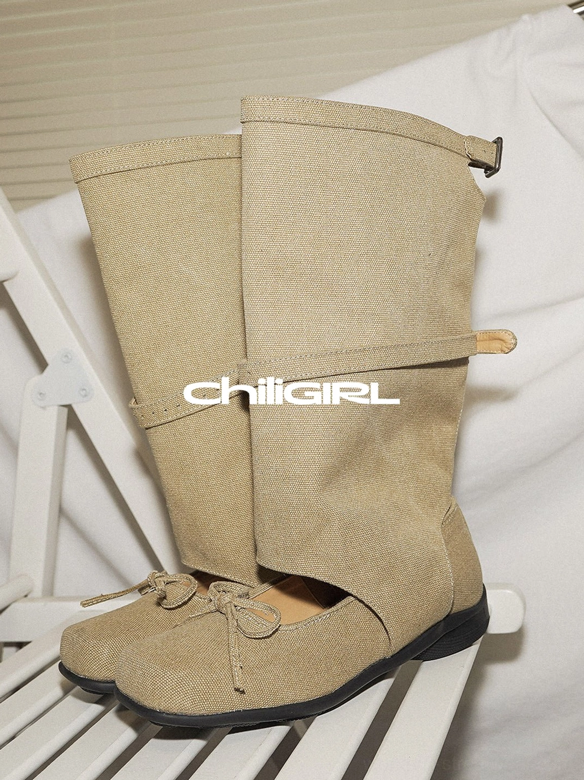 Khaki washed denim Mary Jane mid-calf boots with folded shaft, buckle straps, square toe and bow detail