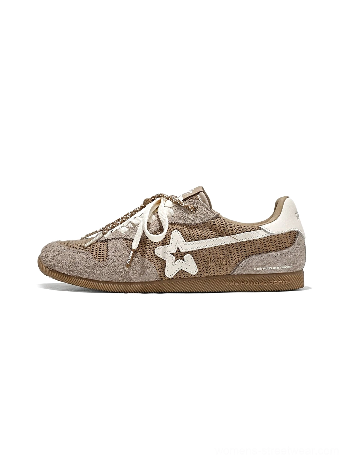 Khaki mesh star German trainer sneakers shown from the front with white laces, contrast overlays, and gum rubber outsole