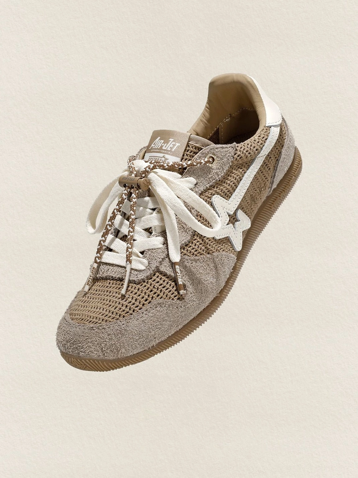 Khaki mesh star German trainer sneakers product image featuring a retro low-top streetwear silhouette