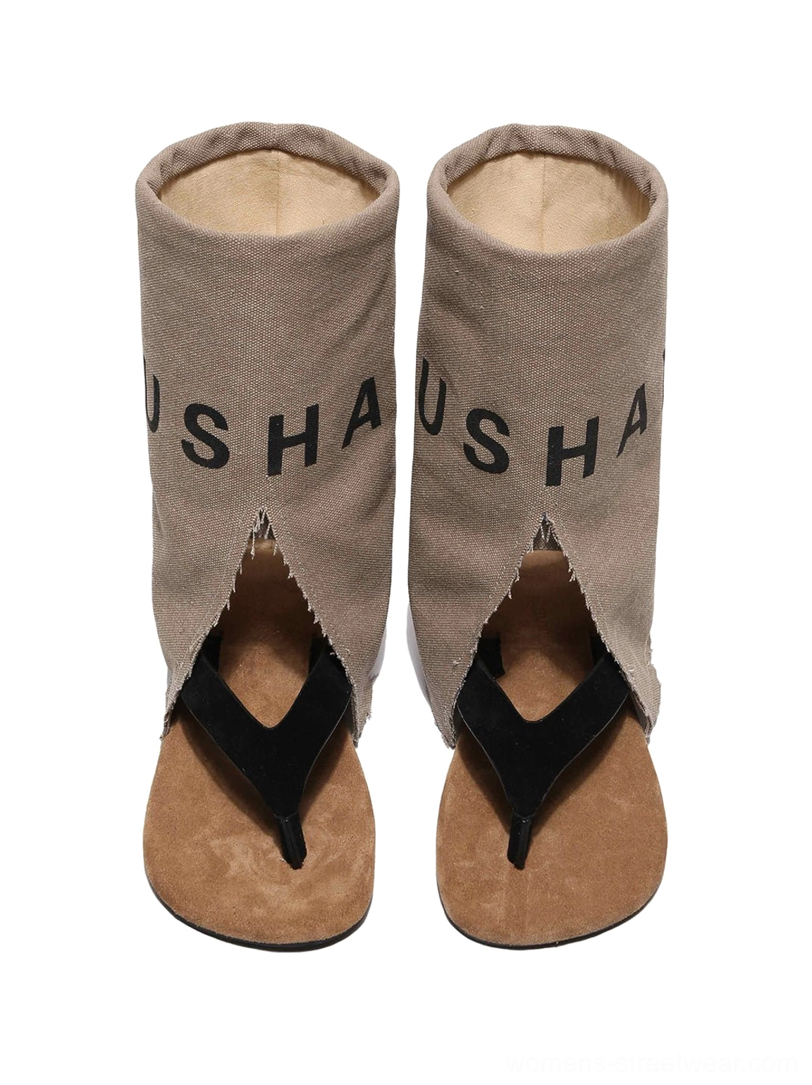 Khaki mid-calf split-toe western sandal boots offering a breathable open-toe design and expressive urban fashion silhouette