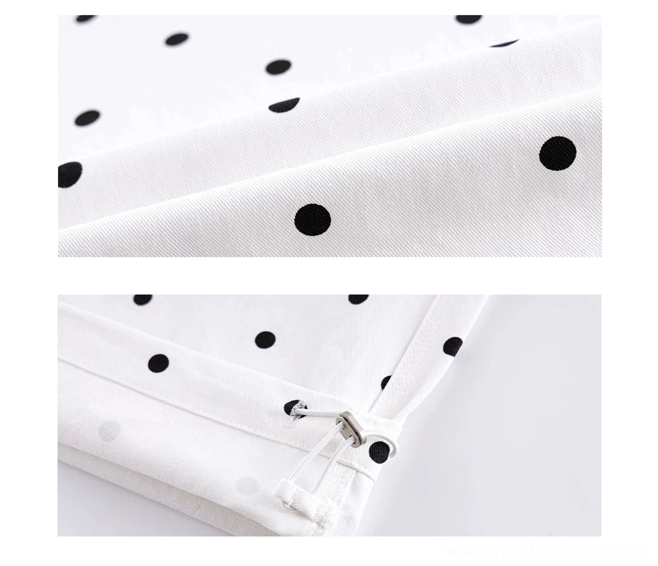 Back view of khaki polka dot wide leg pants showing the elasticated waistband and relaxed full-length silhouette