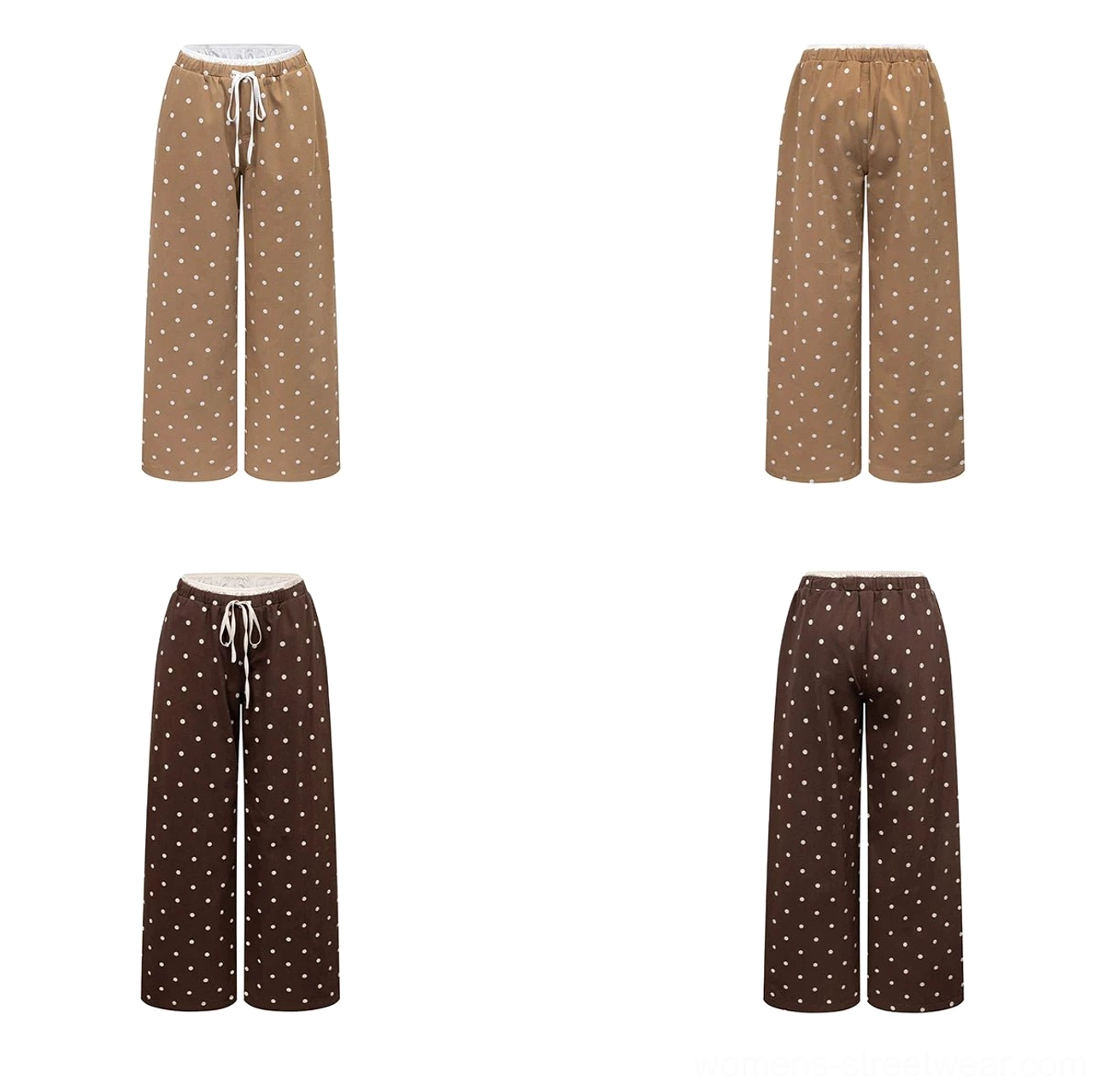 Khaki polka dot wide leg streetwear pants displayed flat on a white background with adjustable drawstring waistband