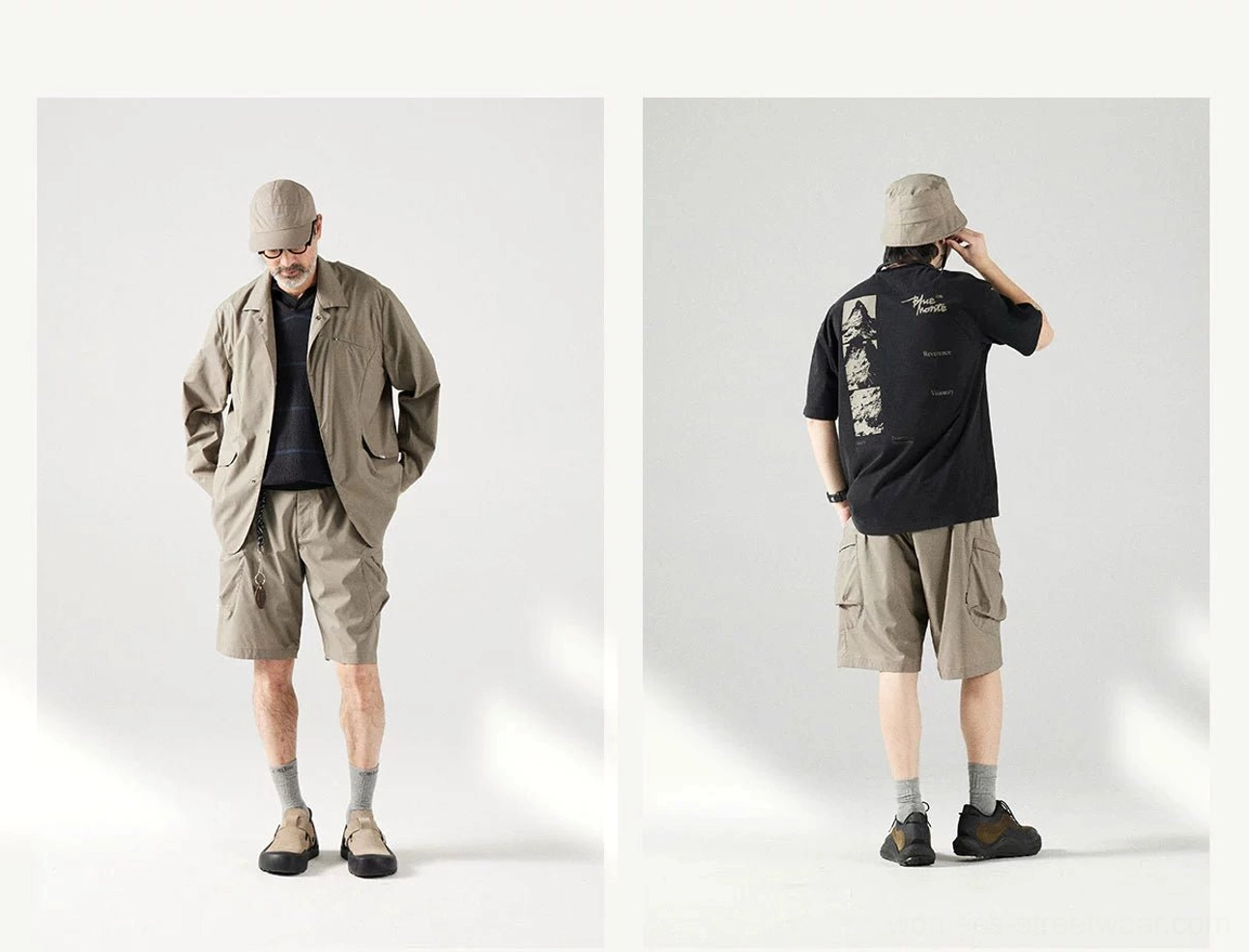 Front and rear views of relaxed khaki cargo shorts with functional multi-pocket design for outdoor streetwear outfits