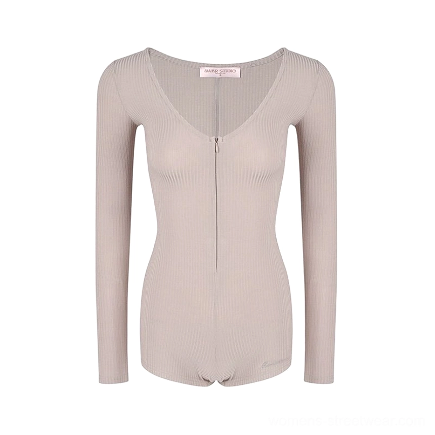 Khaki ribbed long sleeve zip front romper jumpsuit flat lay with fitted V neck short leg Korean fashion design