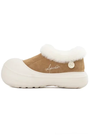 Single khaki shearling platform clog boot shown from the side with rounded toe, soft plush collar, artificial leather upper, and thick platform sole