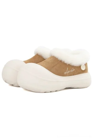 Khaki shearling platform clog boots with plush artificial wool collar, rounded toe, chunky EVA sole, and streetwear-inspired side detailing