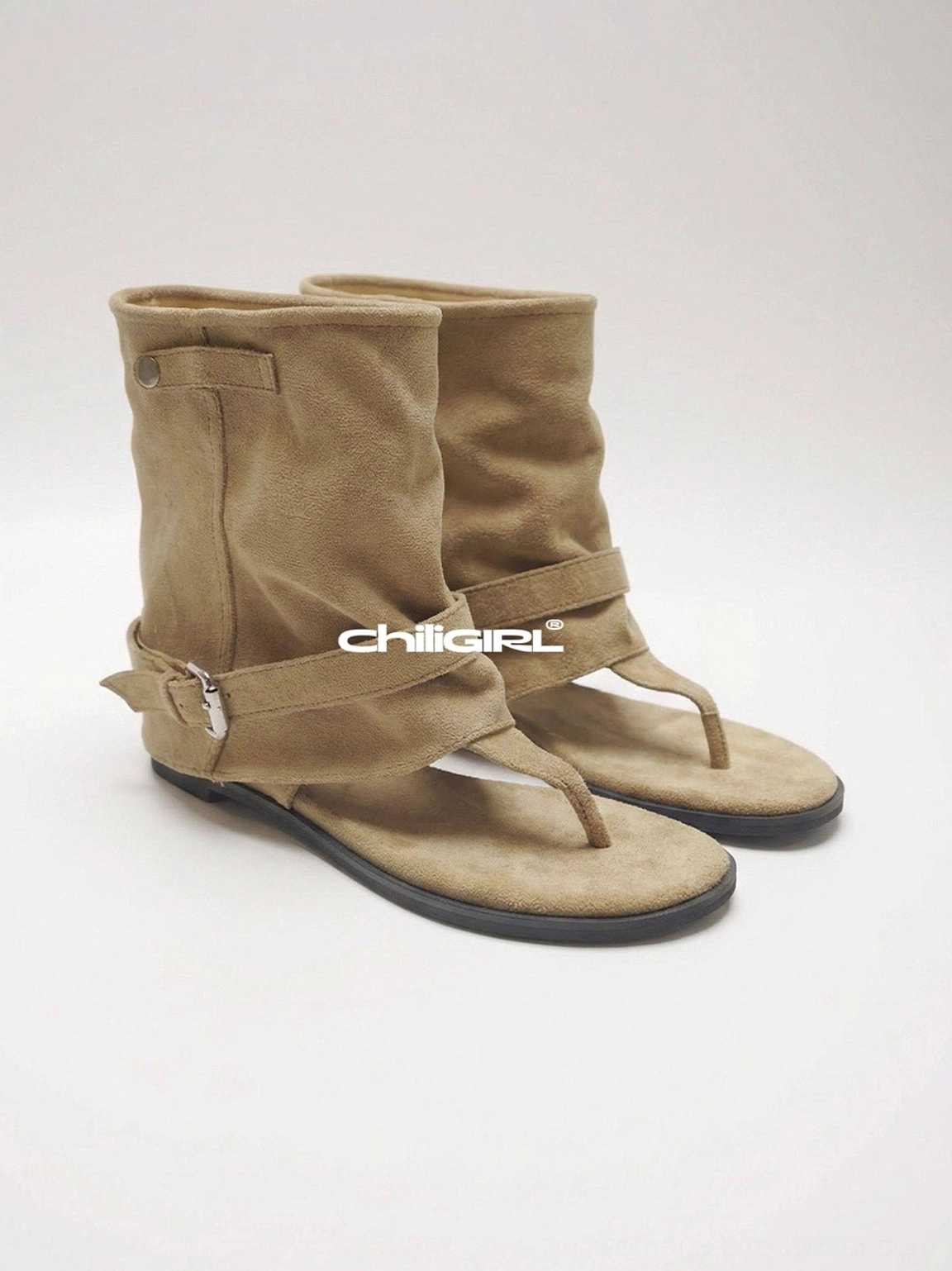 Khaki slouchy thong toe suede sandal ankle boots fashion detail view