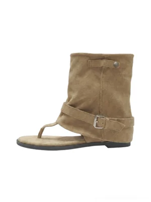 Khaki slouchy thong toe suede sandal ankle boots side product view with buckle detail and low heel