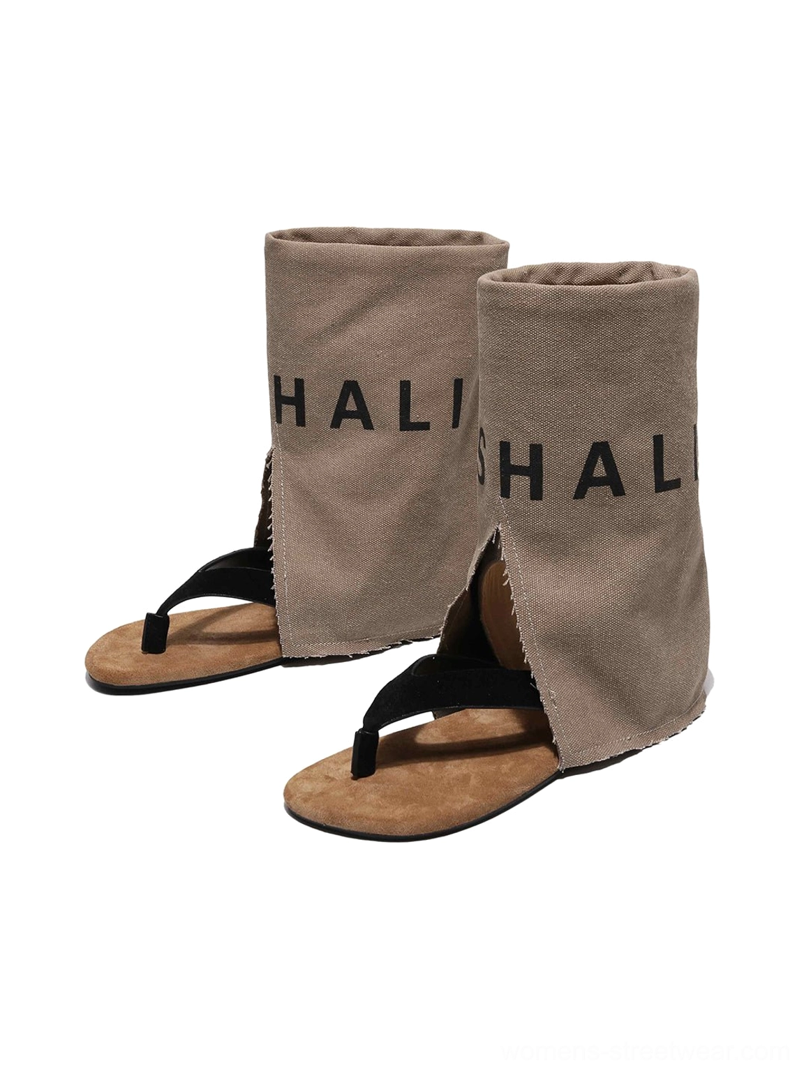 Khaki split-toe suede sandal boots with open toe, graphic shaft lettering, and flat layered sole for streetwear styling