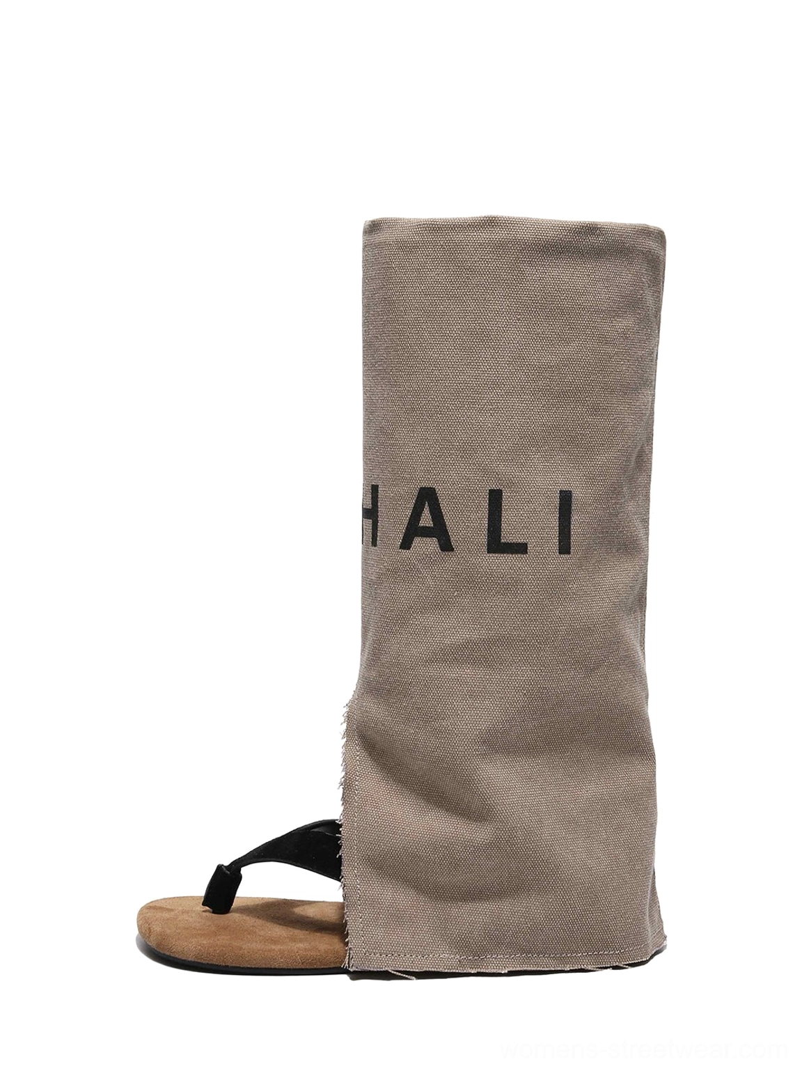 Khaki split-toe western sandal boots shown as a statement streetwear footwear design with relaxed mid-calf shaft