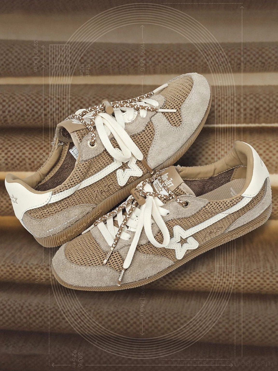 Side view of khaki star German trainer sneakers showing mesh and suede-style panels, lace chain, and gum outsole