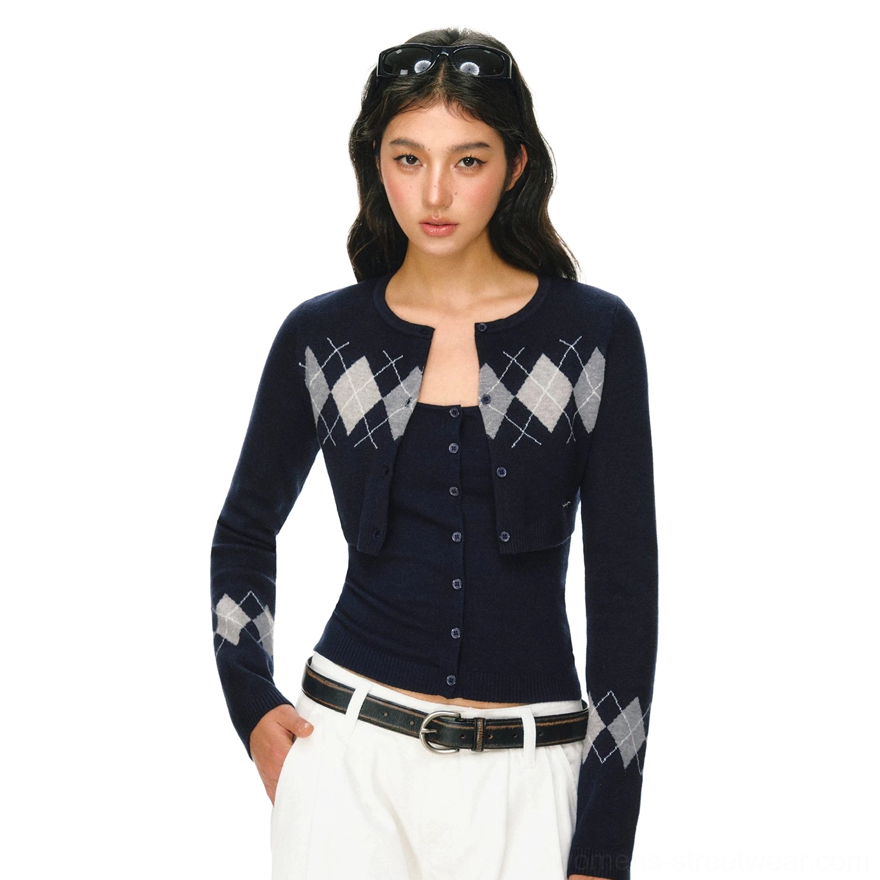 Khaki tan argyle cropped knit two piece set flat lay back view with solid back and patterned sleeve cuffs
