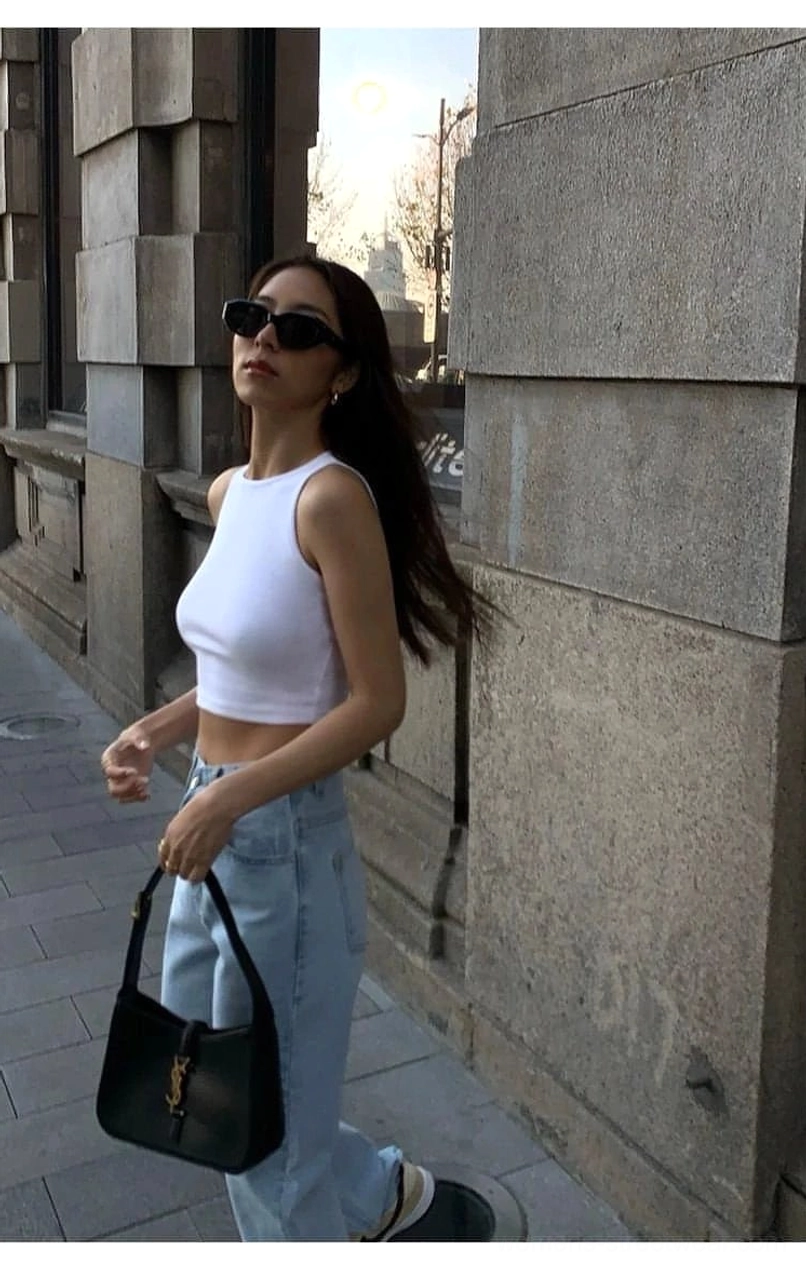 Khaki tone cropped tank top - earth-neutral sleeveless design matching contemporary K-fashion and Seoul street style minimalist aesthetic pairings