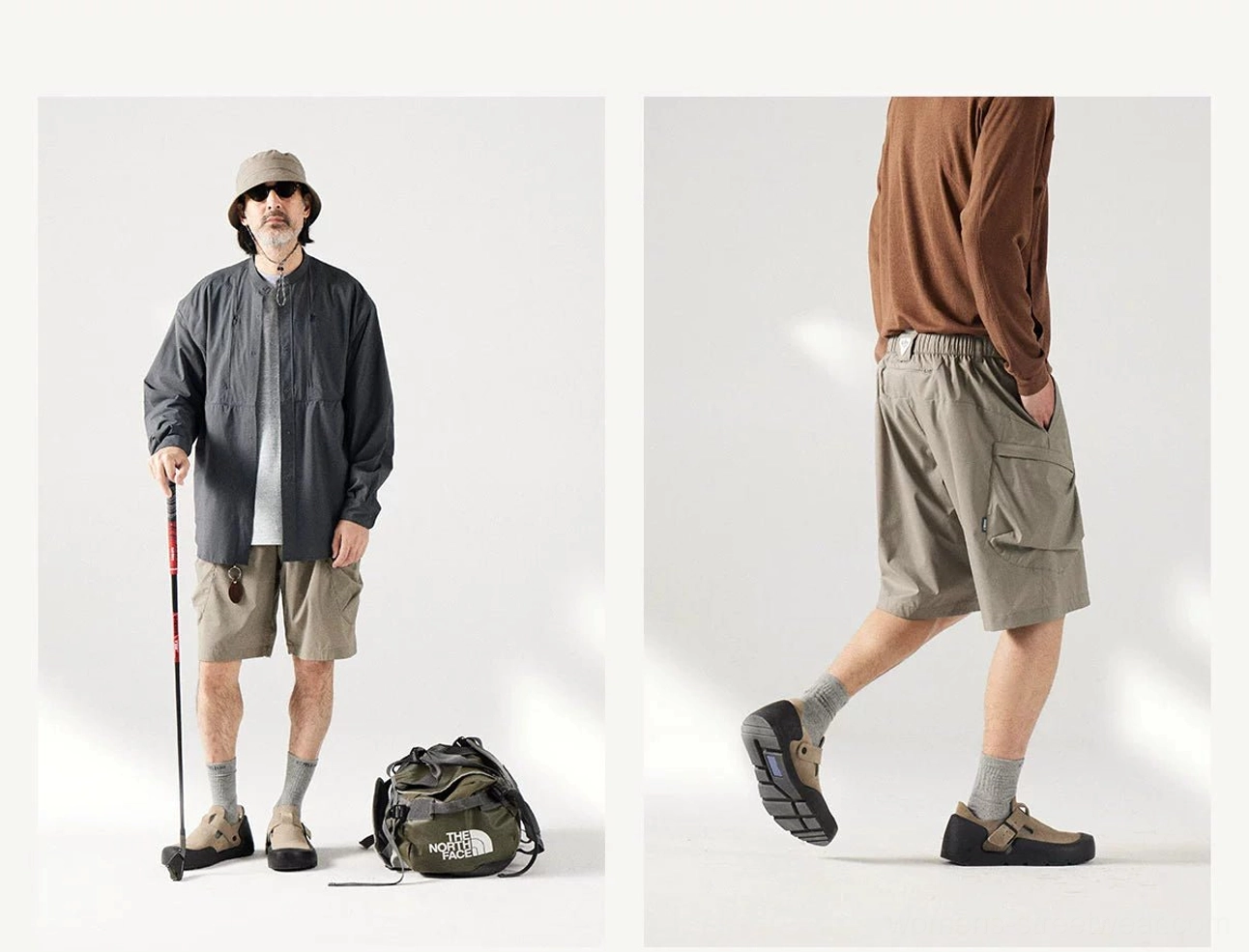 Khaki utility cargo shorts worn in outdoor casual scenes with hiking gear, large side pockets, and relaxed fit