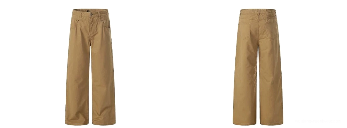 Side flat lay of khaki cotton wide-leg chino streetwear pants showing relaxed trouser proportions and clean solid fabric