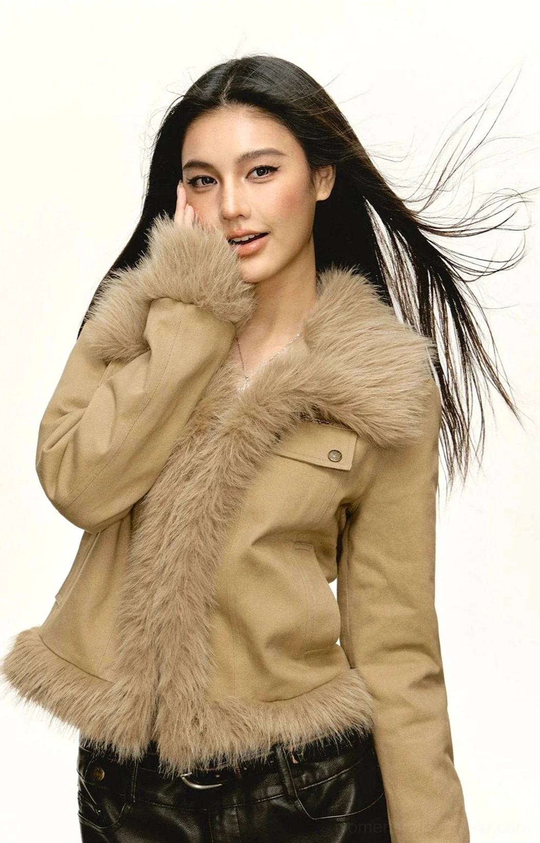 Khaki Y2K cropped jacket with dramatic wide faux fur collar and soft textured trim