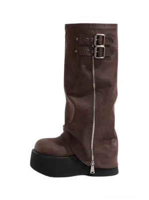 Dark brown suede-look knee-high platform boots with silver side zipper and double buckle cuff detail