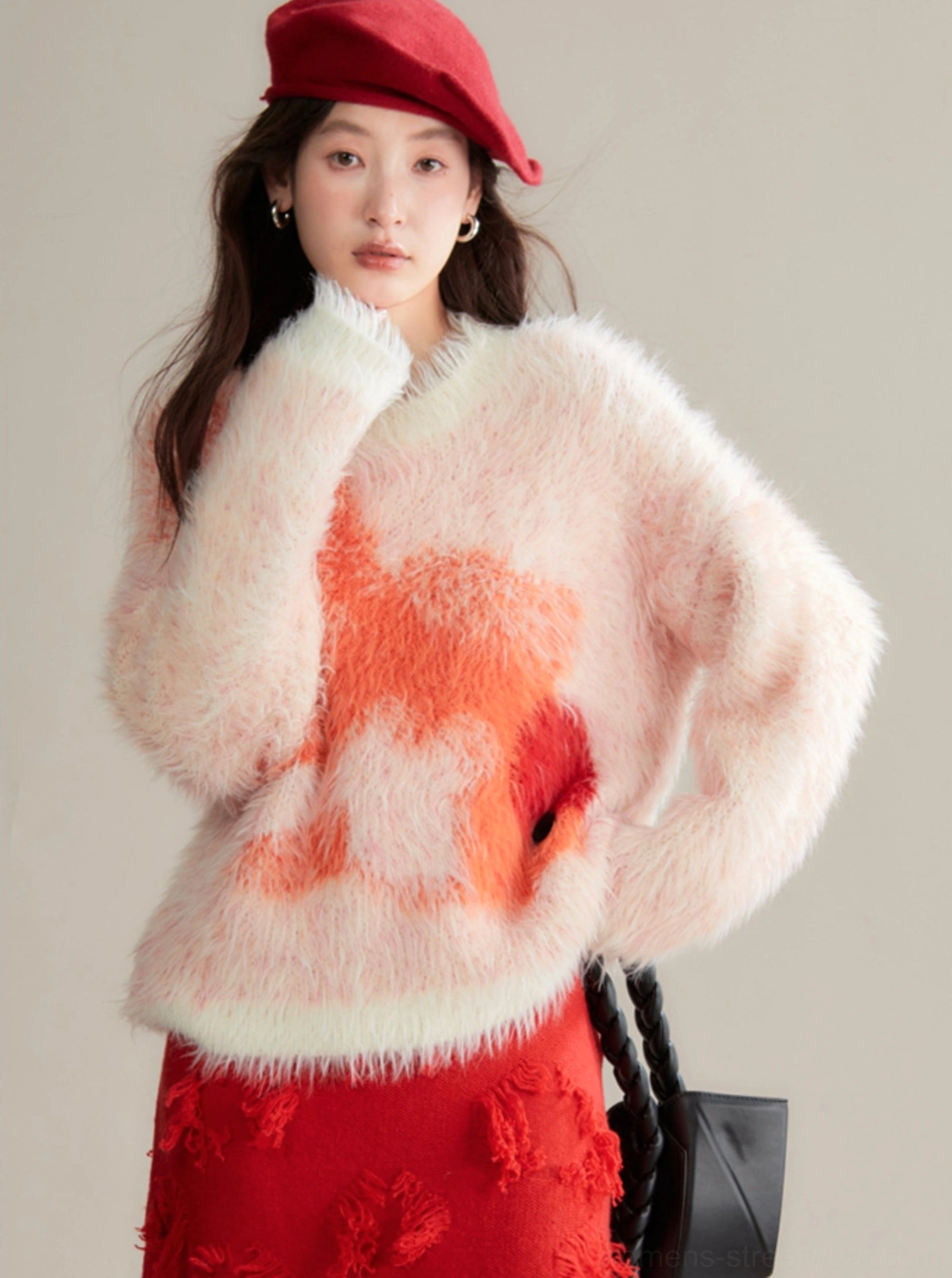 Right side view of koi fish fuzzy knit sweater with drop shoulders, flowing orange-red graphic, and relaxed Korean fashion silhouette
