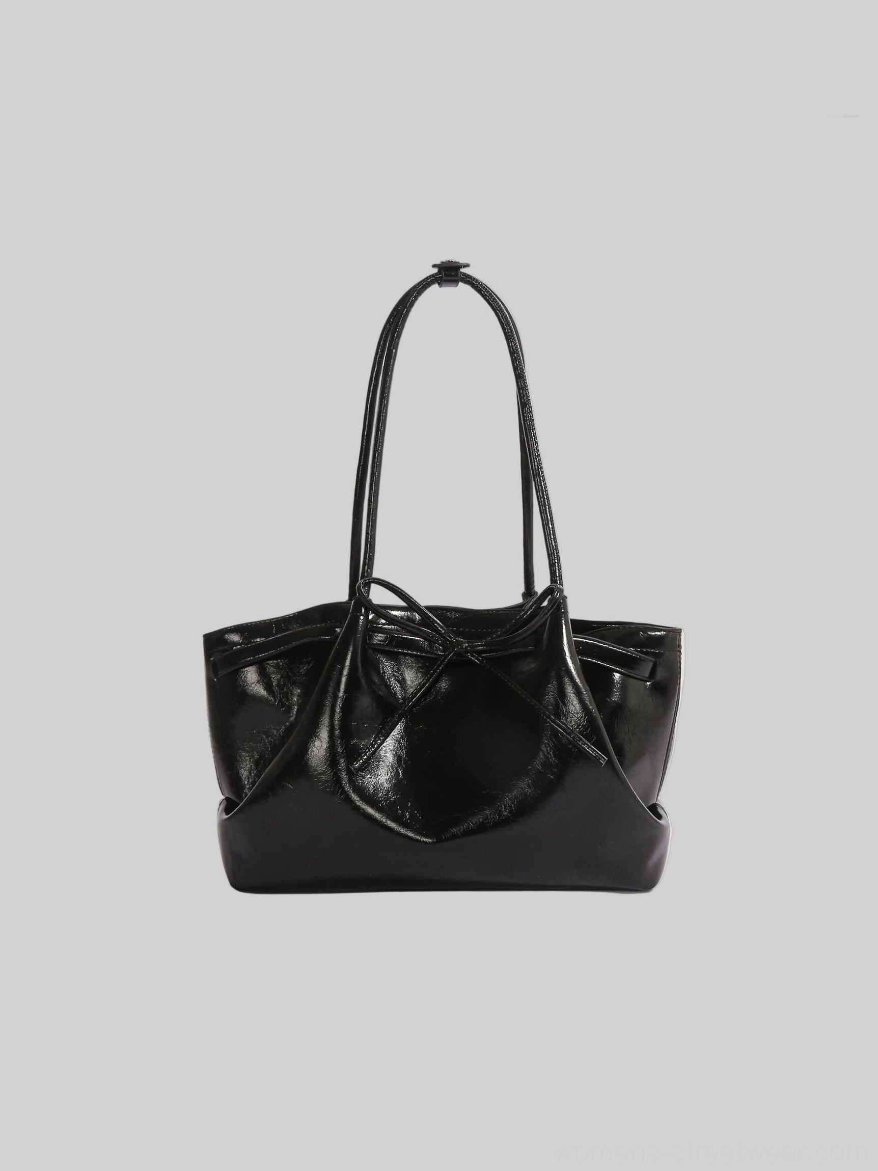 Black Korean bow cinch shoulder tote bag in glossy PU leather with slim double shoulder straps