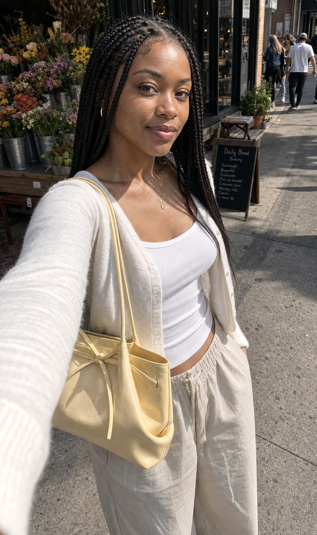 Cream yellow Korean bow cinch glossy PU leather shoulder tote bag styled for an outdoor city look