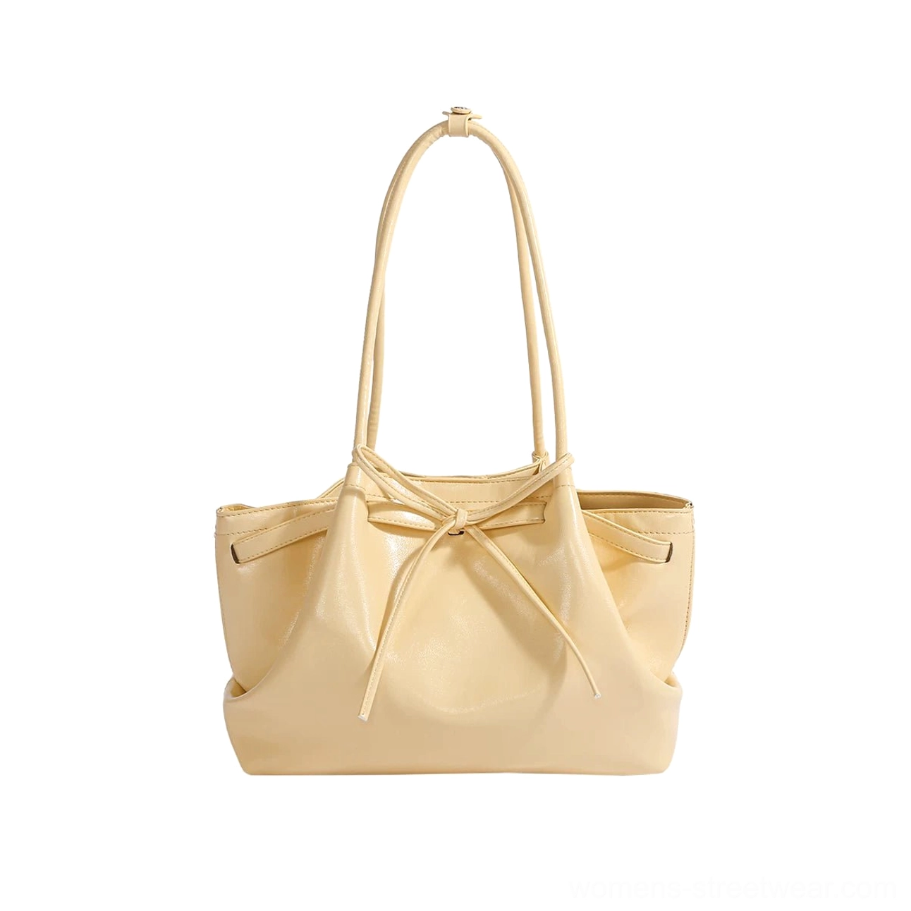 Cream yellow Korean bow cinch shoulder tote bag in glossy PU leather front studio view