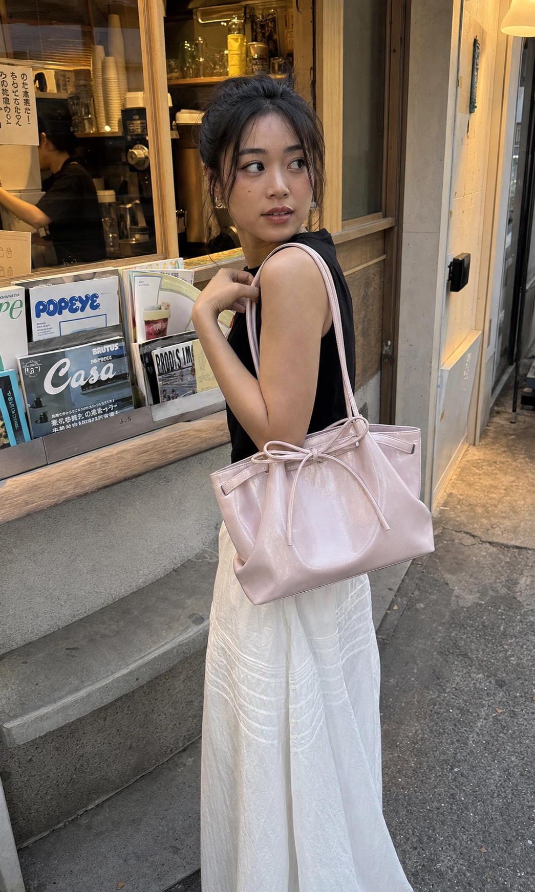 Korean bow cinch shoulder tote bag in glossy PU leather detailed product showcase