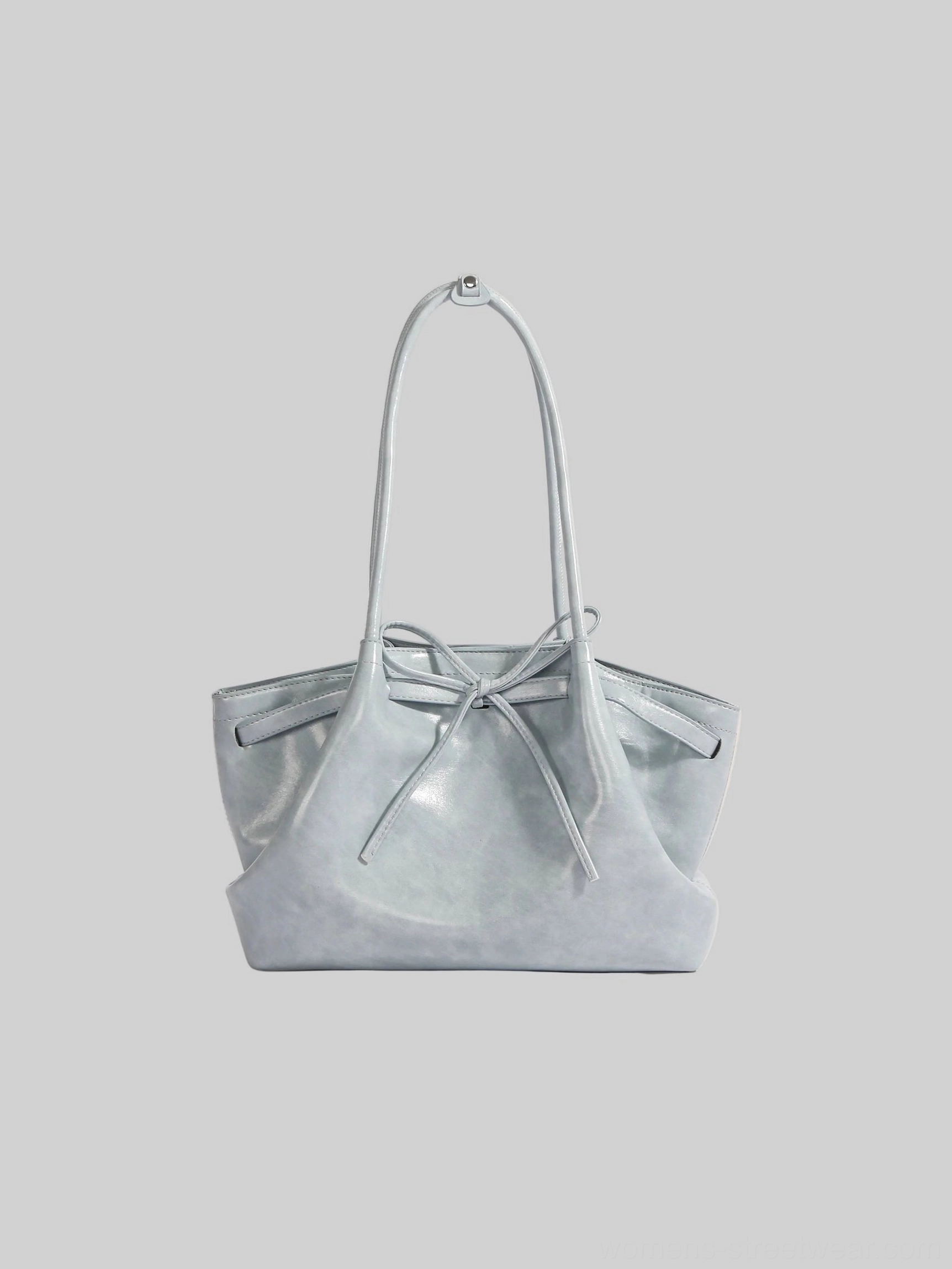 Dusty light blue Korean bow cinch shoulder tote bag with soft gathered shape and front bow