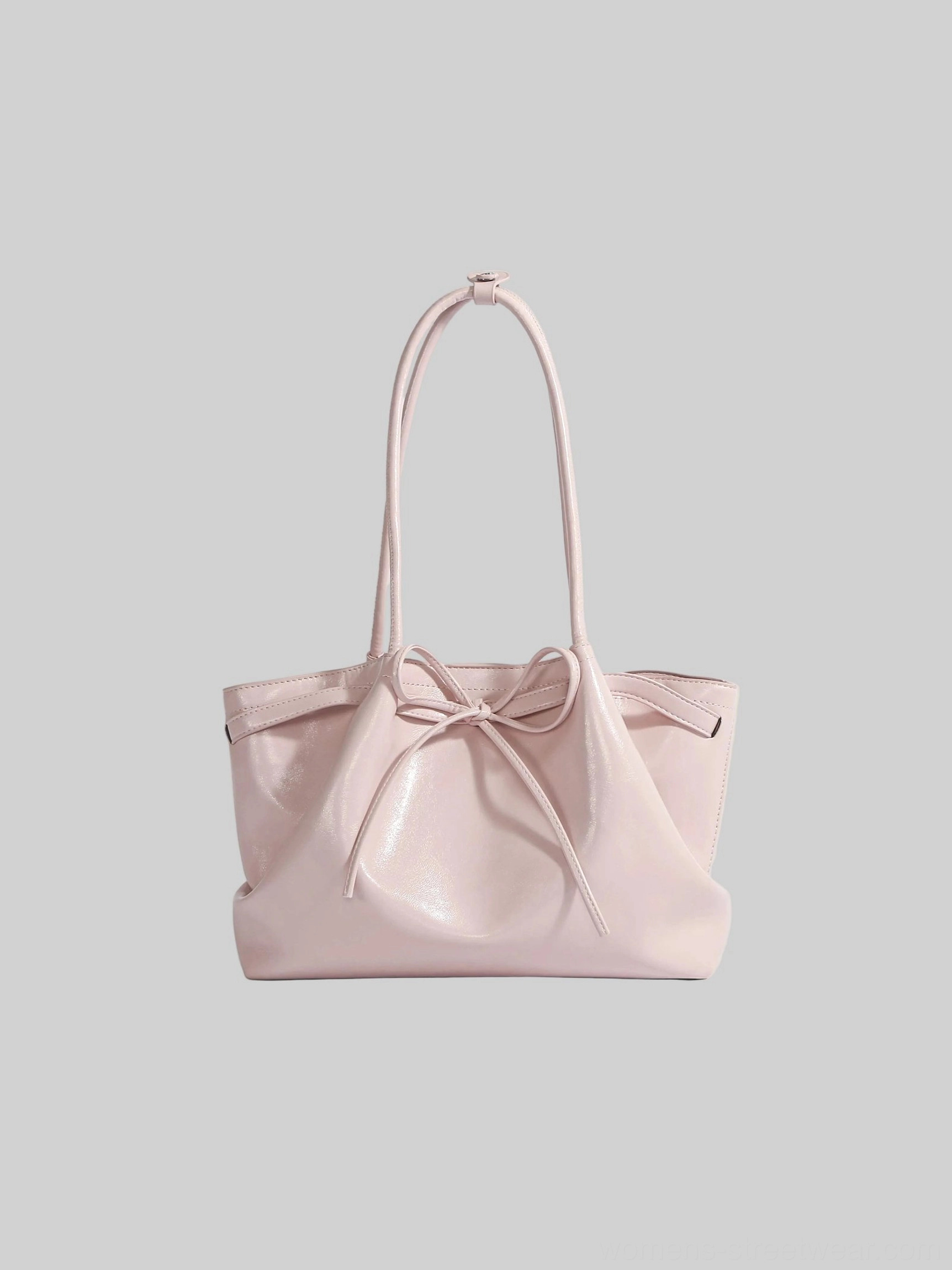 Pastel pink Korean bow cinch shoulder tote bag with gathered body and front bow detail