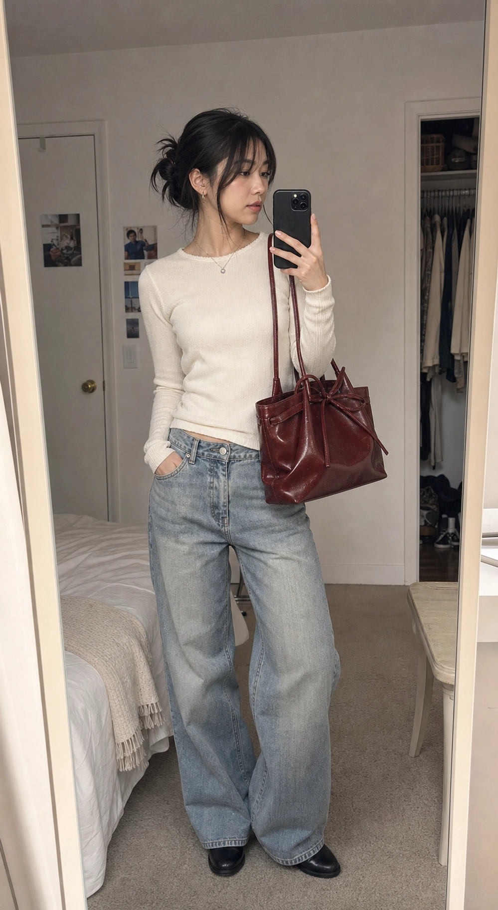 Glossy PU leather Korean bow cinch shoulder tote bag Seoul streetwear accessory showcase