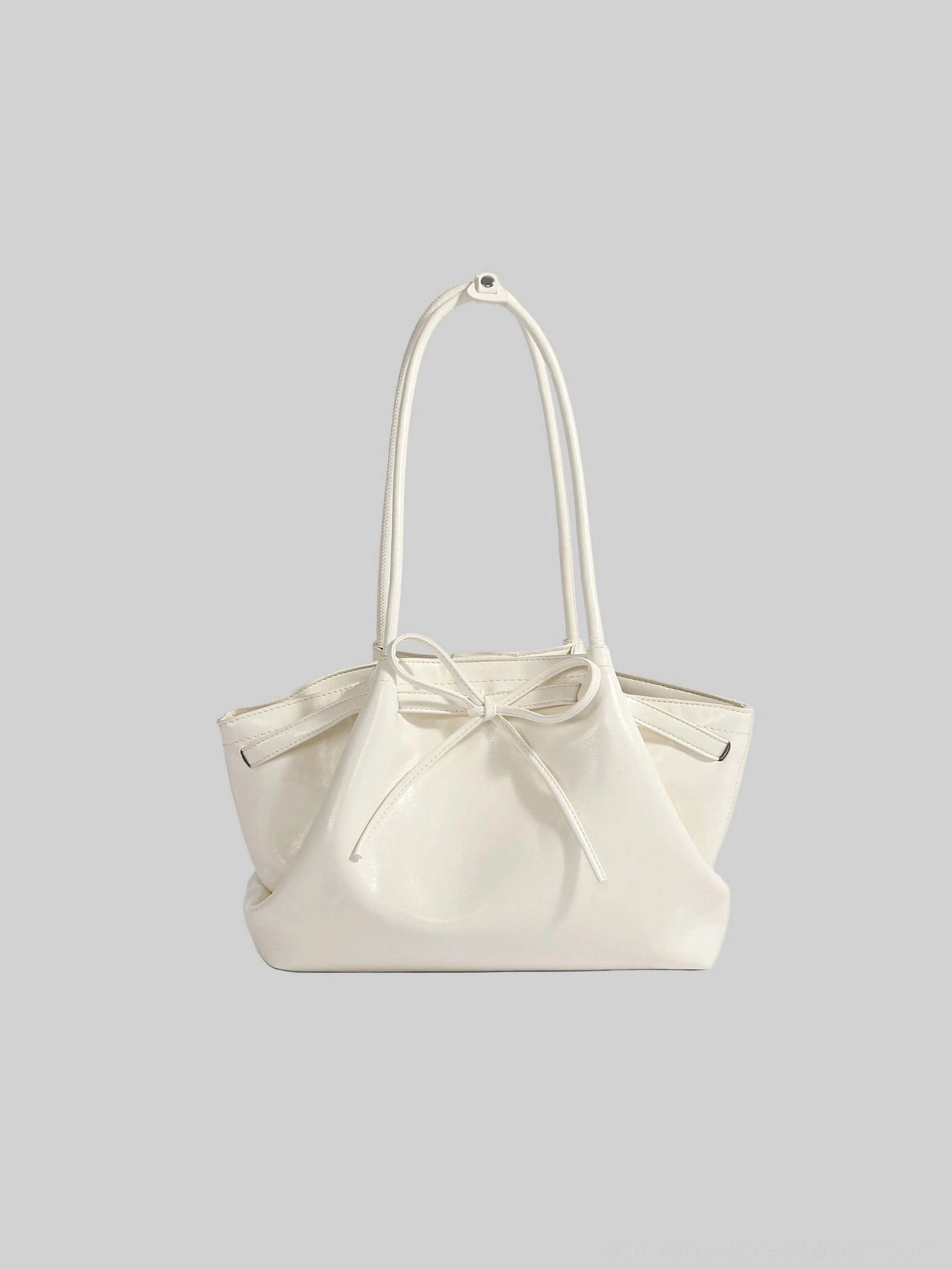 White Korean bow cinch shoulder tote bag in smooth PU leather with relaxed gathered silhouette